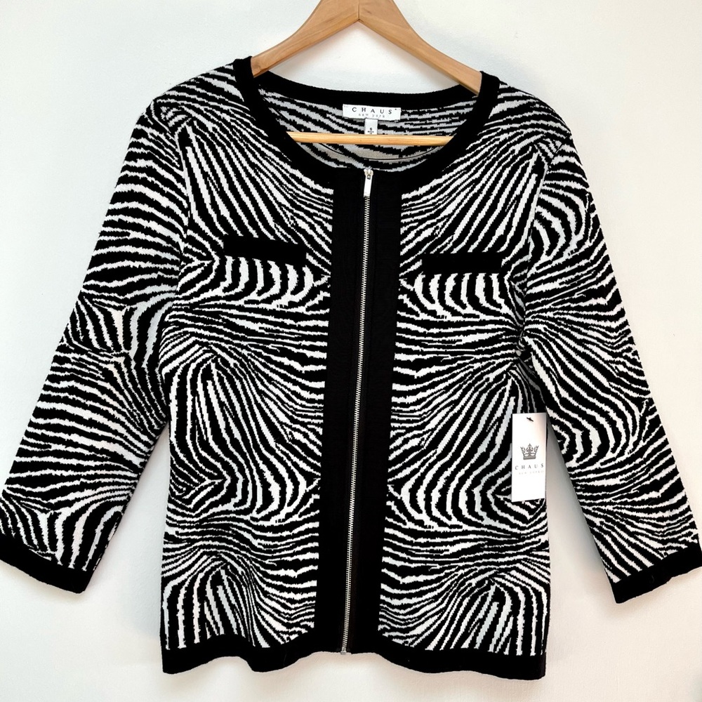 NWT Chaus Zippered Cardigan Sweater, Zebra Pattern, Size S